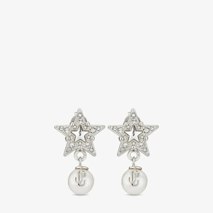 Pendientes Crystal Star Pendientes de estrella de metal con acabado plateado, perlas de resina blanca y cristales Pendientes Crystal Star Pendientes de estrella de metal con acabado plateado, perlas de resina blanca y cristales