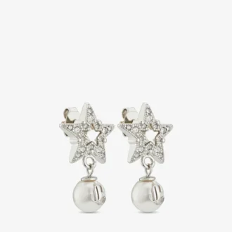 Pendientes Crystal Star Pendientes de estrella de metal con acabado plateado, perlas de resina blanca y cristales Pendientes Crystal Star Pendientes de estrella de metal con acabado plateado, perlas de resina blanca y cristales