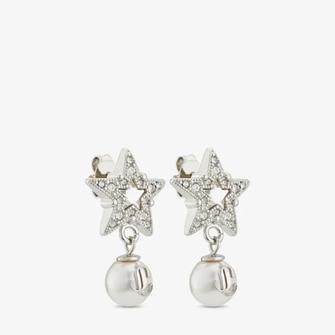 Pendientes Crystal Star Pendientes de estrella de metal con acabado plateado, perlas de resina blanca y cristales Pendientes Crystal Star Pendientes de estrella de metal con acabado plateado, perlas de resina blanca y cristales