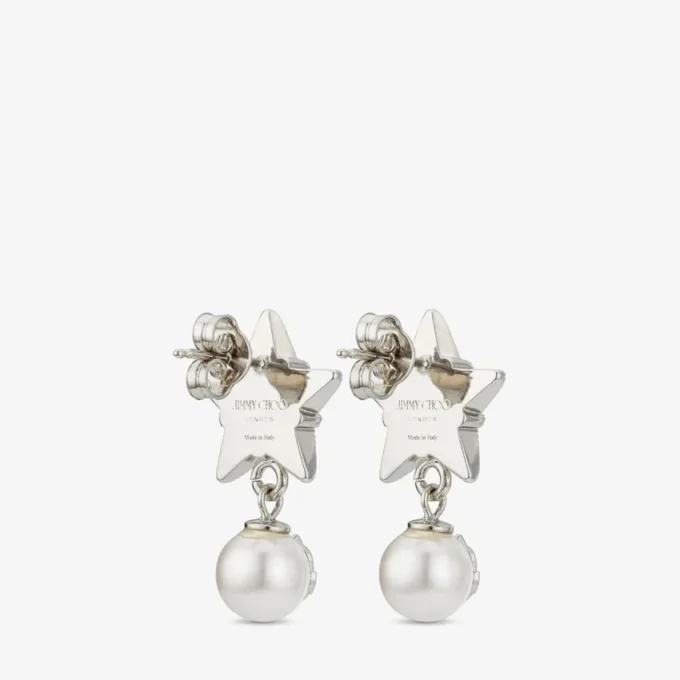 Pendientes Crystal Star Pendientes de estrella de metal con acabado plateado, perlas de resina blanca y cristales Pendientes Crystal Star Pendientes de estrella de metal con acabado plateado, perlas de resina blanca y cristales