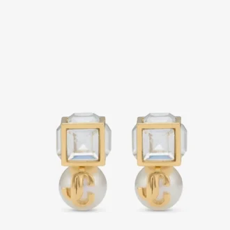 Pendientes de metal dorado Jc Pearl Cube Studs con perla y cubo de cristal