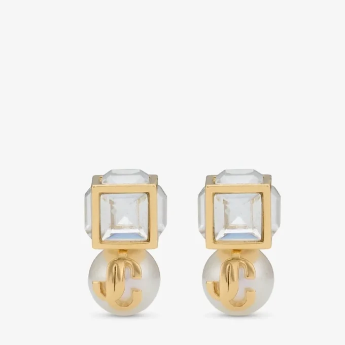 Pendientes de metal dorado Jc Pearl Cube Studs con perla y cubo de cristal Pendientes de metal dorado Jc Pearl Cube Studs con perla y cubo de cristal