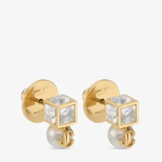 Pendientes de metal dorado Jc Pearl Cube Studs con perla y cubo de cristal