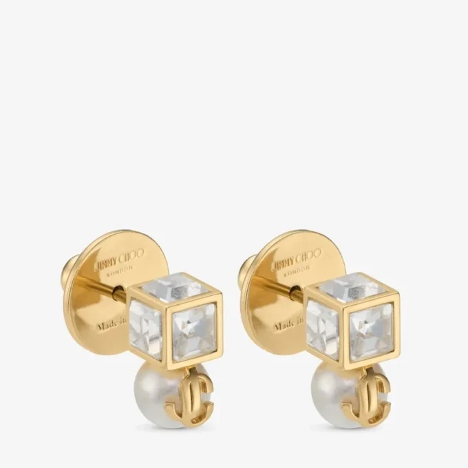 Pendientes de metal dorado Jc Pearl Cube Studs con perla y cubo de cristal Pendientes de metal dorado Jc Pearl Cube Studs con perla y cubo de cristal