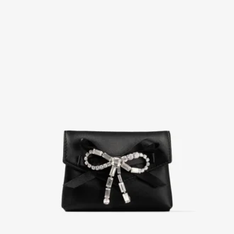 Portatarjetas suave con cadena Portatarjetas de satén negro con lazo de cristal Portatarjetas suave con cadena Portatarjetas de satén negro con lazo de cristal