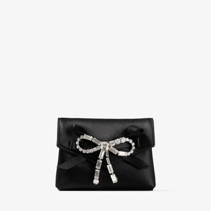 Portatarjetas suave con cadena Portatarjetas de satén negro con lazo de cristal Portatarjetas suave con cadena Portatarjetas de satén negro con lazo de cristal