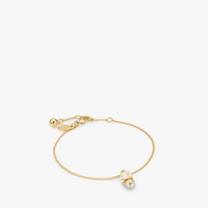 Pulsera Jc Pearl Cube Pulsera de metal dorado con perla y cubo de cristal
