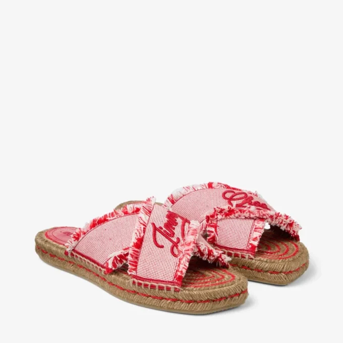 Sandalia Aciel plana de lona deshilachada con motas en rojo rubí Sandalia Aciel plana de lona deshilachada con motas en rojo rubí