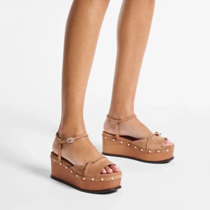 Sandalias de cuña Kata 60 de ante de terciopelo color toffee