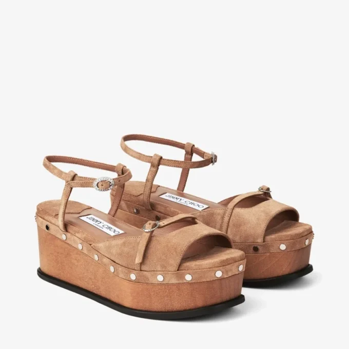 Sandalias de cuña Kata 60 de ante de terciopelo color toffee