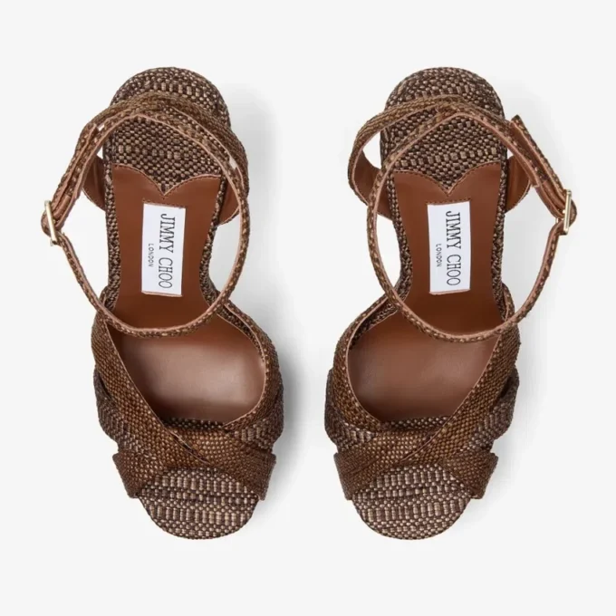 Sandalias de plataforma Kove 120 de rafia fina en color chocolate y marrón claro Sandalias de plataforma Kove 120 de rafia fina en color chocolate y marrón claro