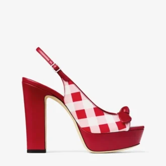 Sandalias de plataforma Ziva 120 en algodón de cuadros vichy rojo rubí con lazo