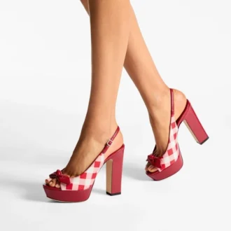 Sandalias de plataforma Ziva 120 en algodón de cuadros vichy rojo rubí con lazo