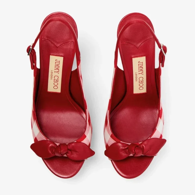 Sandalias de plataforma Ziva 120 en algodón de cuadros vichy rojo rubí con lazo
