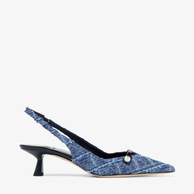 Sandalias de talón abierto Amita 45 en denim marino con diseño entrecruzado y charol Sandalias de talón abierto Amita 45 en denim marino con diseño entrecruzado y charol