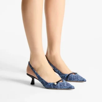 Sandalias de talón abierto Amita 45 en denim marino con diseño entrecruzado y charol