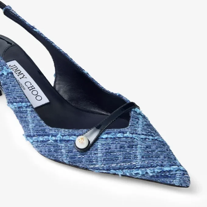 Sandalias de talón abierto Amita 45 en denim marino con diseño entrecruzado y charol Sandalias de talón abierto Amita 45 en denim marino con diseño entrecruzado y charol