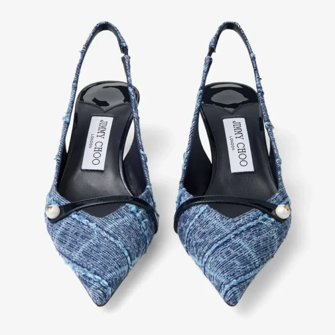 Sandalias de talón abierto Amita 45 en denim marino con diseño entrecruzado y charol Sandalias de talón abierto Amita 45 en denim marino con diseño entrecruzado y charol