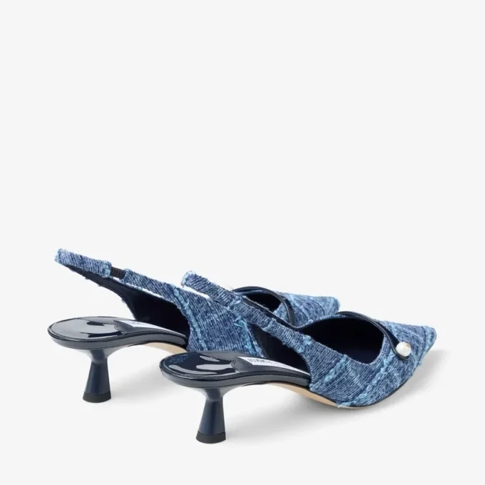 Sandalias de talón abierto Amita 45 en denim marino con diseño entrecruzado y charol Sandalias de talón abierto Amita 45 en denim marino con diseño entrecruzado y charol