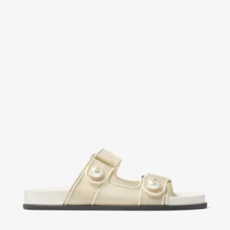 Sandalias Fayence de charol metalizado color champán con perlas
