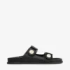 Sandalias Fayence Sandalias planas de cuero negro con adornos de perlas