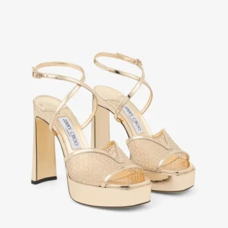 Sandalias Karli con plataforma de 125 mm en malla de cristal ilusión dorada y piel metalizada