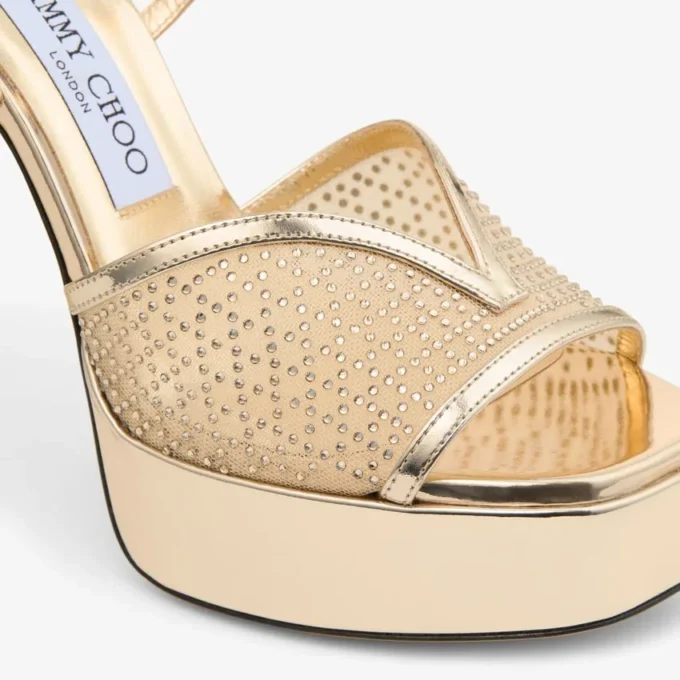 Sandalias Karli con plataforma de 125 mm en malla de cristal ilusión dorada y piel metalizada
