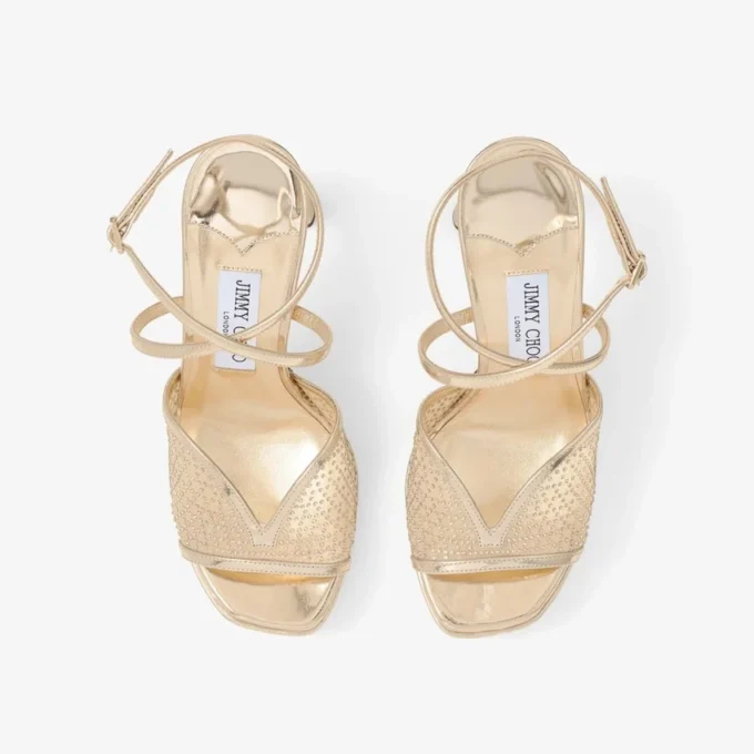 Sandalias Karli con plataforma de 125 mm en malla de cristal ilusión dorada y piel metalizada