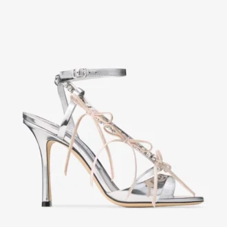 Sandalias Lula 100 de piel Liquid Metal en plata y macaron con lazos de terciopelo