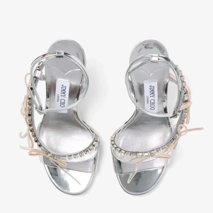 Sandalias Lula 100 de piel Liquid Metal en plata y macaron con lazos de terciopelo Sandalias Lula 100 de piel Liquid Metal en plata y macaron con lazos de terciopelo