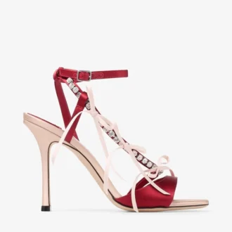 Sandalias Lula 100 de satén en color macaron y rojo rubí con lazos