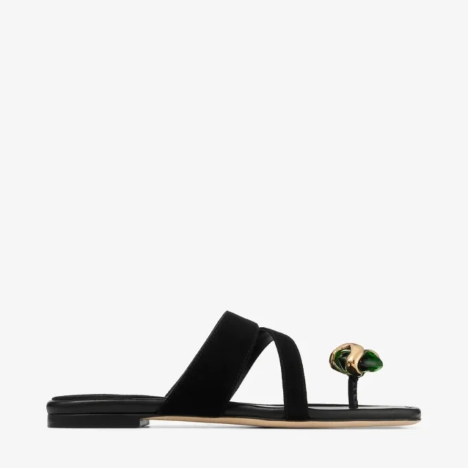 Sandalias planas Emeri Stone en ante negro y verde trébol