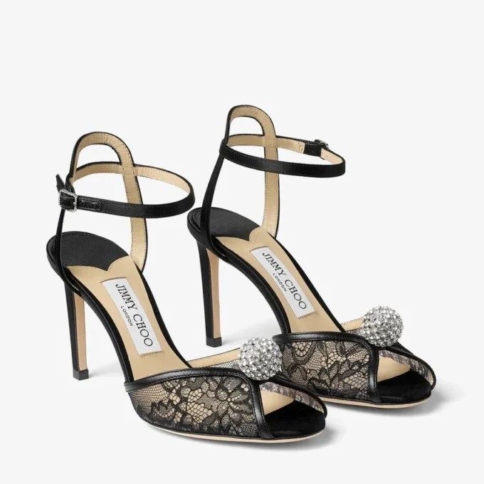 Sandalias Sacora 85 de encaje negro con esfera adornada con cristales Sandalias Sacora 85 de encaje negro con esfera adornada con cristales