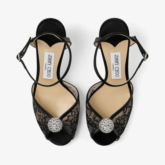 Sandalias Sacora 85 de encaje negro con esfera adornada con cristales Sandalias Sacora 85 de encaje negro con esfera adornada con cristales