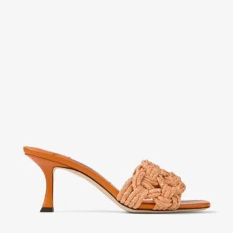 Sandalias tipo mule Chara 70 en rafia de ganchillo naranja atardecer y piel napa