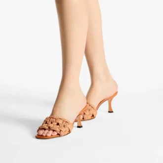 Sandalias tipo mule Chara 70 en rafia de ganchillo naranja atardecer y piel napa
