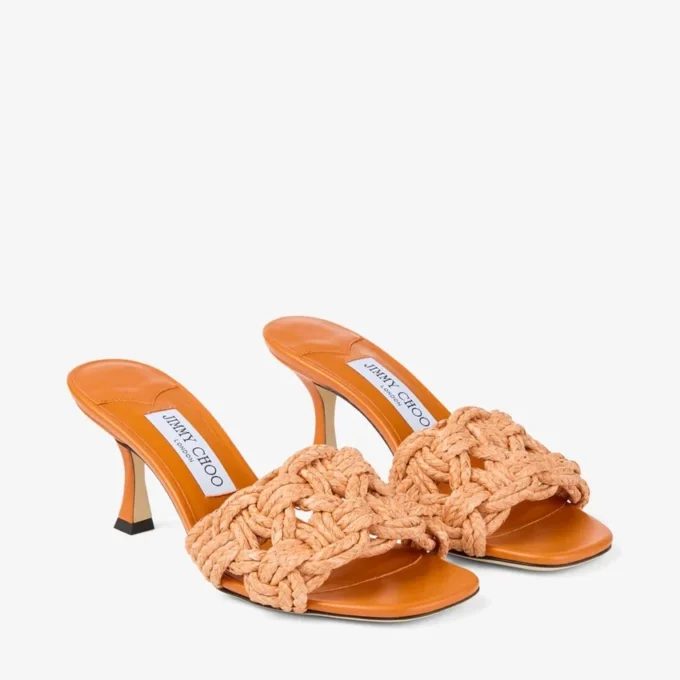 Sandalias tipo mule Chara 70 en rafia de ganchillo naranja atardecer y piel napa Sandalias tipo mule Chara 70 en rafia de ganchillo naranja atardecer y piel napa