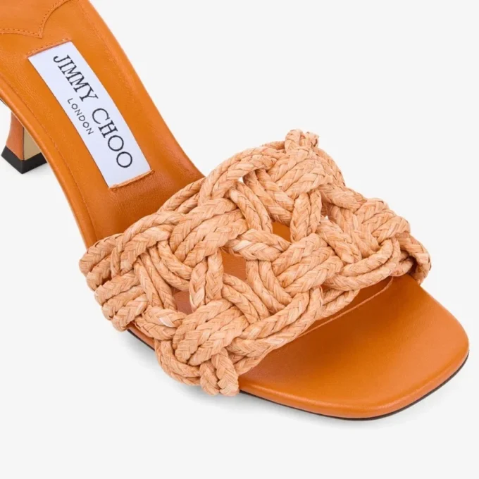 Sandalias tipo mule Chara 70 en rafia de ganchillo naranja atardecer y piel napa Sandalias tipo mule Chara 70 en rafia de ganchillo naranja atardecer y piel napa