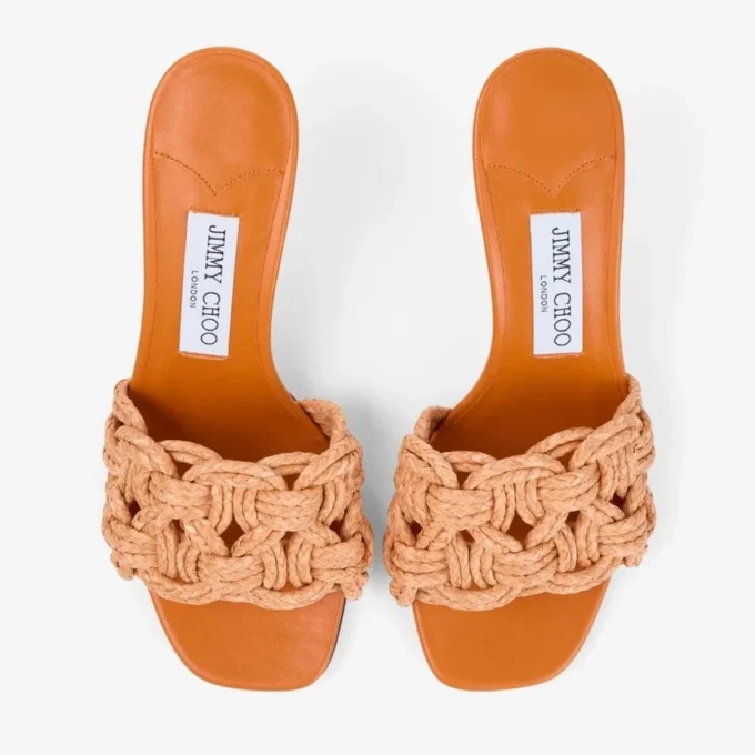 Sandalias tipo mule Chara 70 en rafia de ganchillo naranja atardecer y piel napa Sandalias tipo mule Chara 70 en rafia de ganchillo naranja atardecer y piel napa
