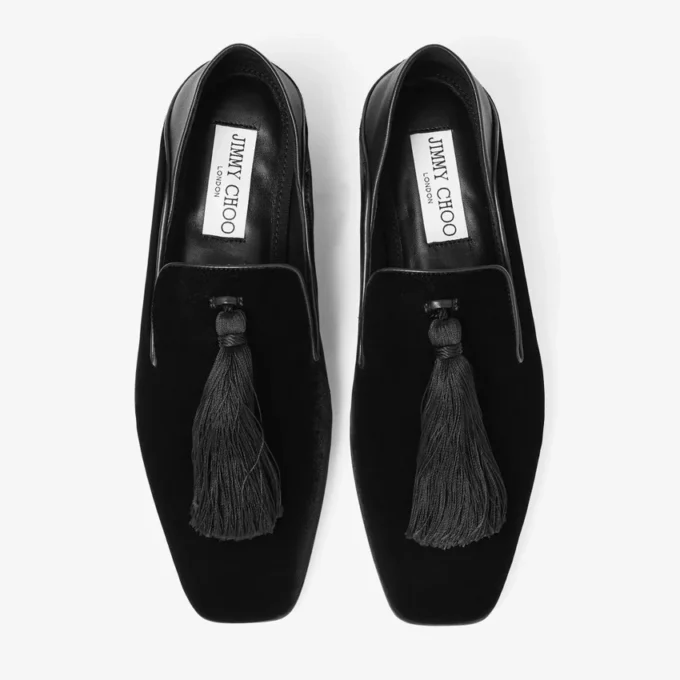 Zapatillas Eliot para hombre de terciopelo negro con borla Zapatillas Eliot para hombre de terciopelo negro con borla