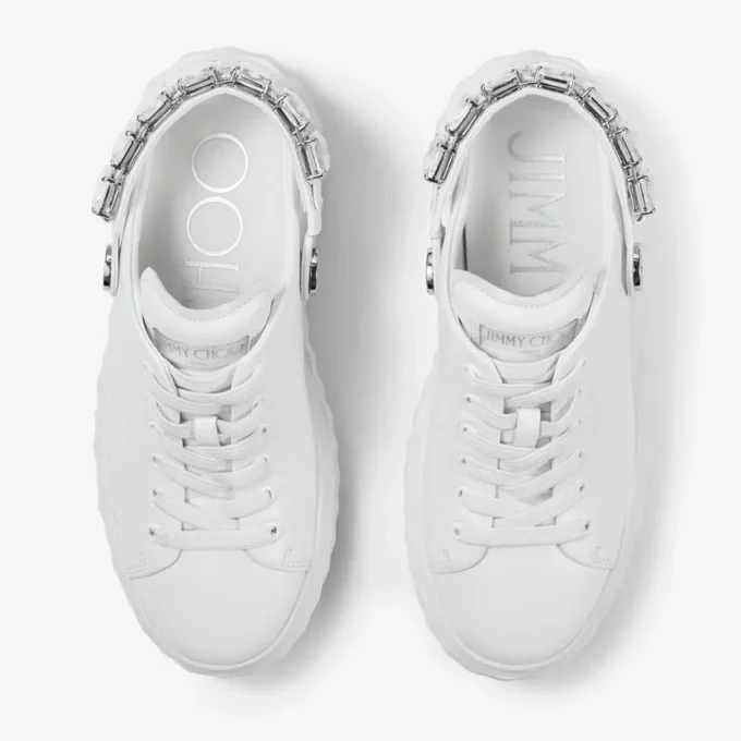 Zapatillas tipo mocasín Diamond Sling de napa blanca con correa de cristales