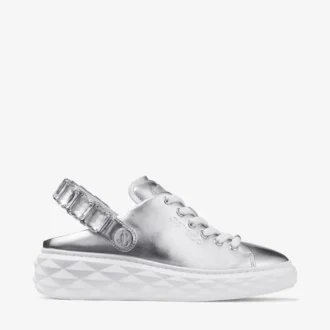 Zapatillas tipo mocasín Diamond Sling de piel metalizada plateada con correa de cristal