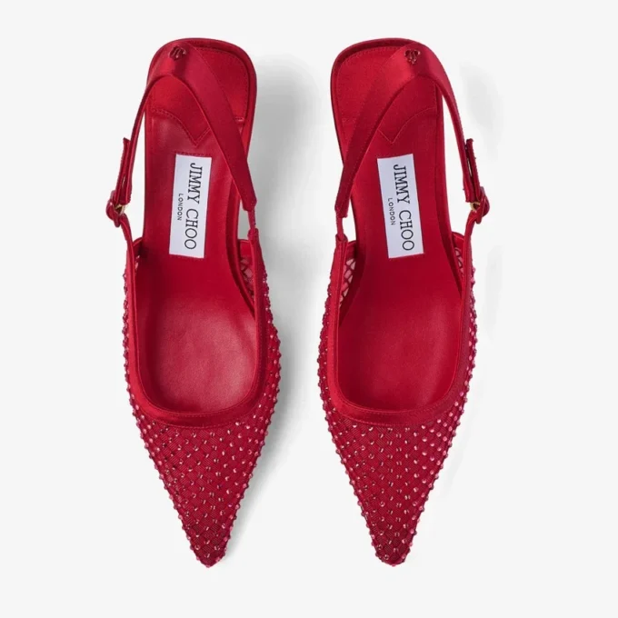 Zapatos de salón Amel 50 en malla de cristal rojo rubí y satén
