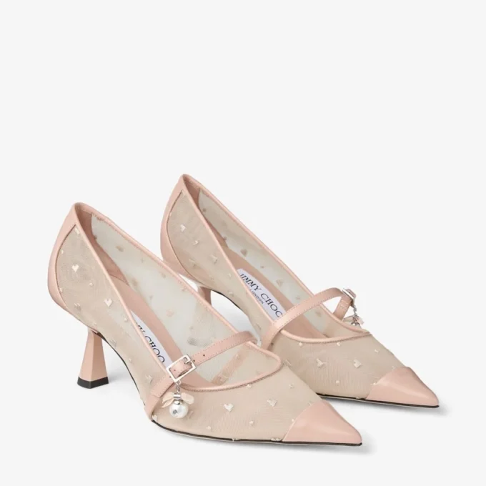 Zapatos de salón Aren 65 de piel Macaron y malla con estampado de corazones y adorno de perla