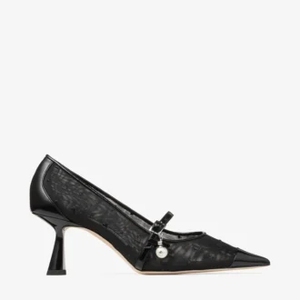 Zapatos de salón Aren 65 en cuero spazzolato negro y malla con corazón y adorno de perla