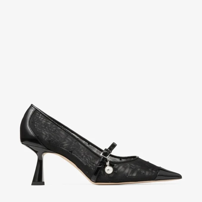 Zapatos de salón Aren 65 en cuero spazzolato negro y malla con corazón y adorno de perla