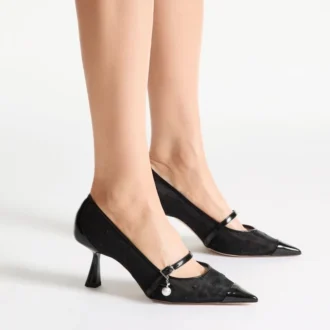 Zapatos de salón Aren 65 en cuero spazzolato negro y malla con corazón y adorno de perla