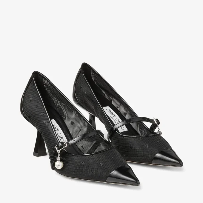 Zapatos de salón Aren 65 en cuero spazzolato negro y malla con corazón y adorno de perla