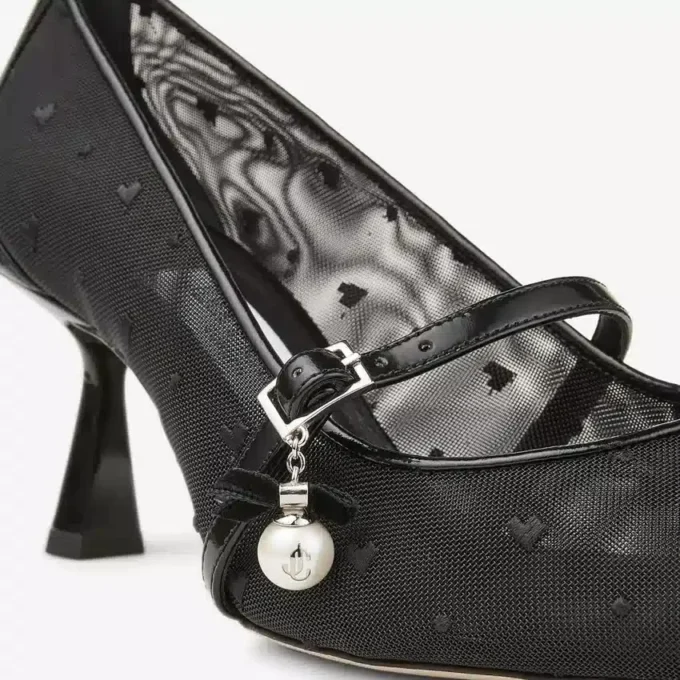 Zapatos de salón Aren 65 en cuero spazzolato negro y malla con corazón y adorno de perla