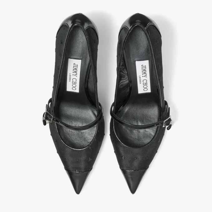 Zapatos de salón Aren 65 en cuero spazzolato negro y malla con corazón y adorno de perla